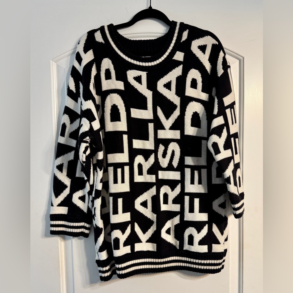Karl Lagerfeld Paris Logo Intarsia Sweater Womens XL Black White Excellent Bold